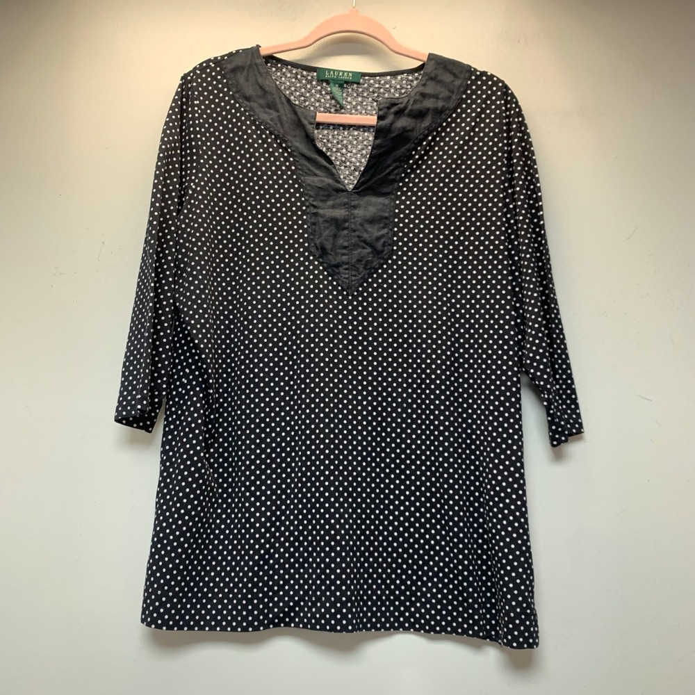 Lauren Ralph Lauren Tunic Women 1X Black Polka Dot Excellent Cotton Split Neck